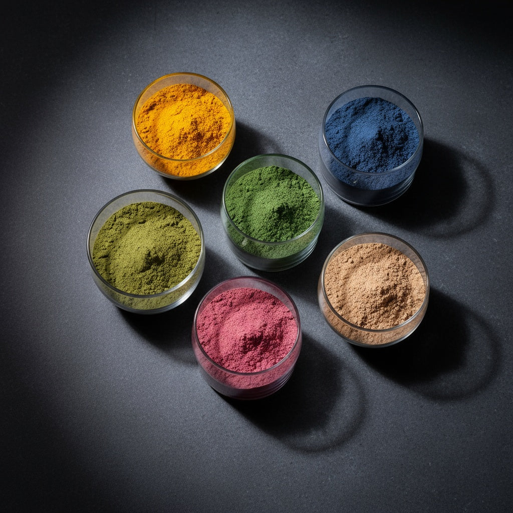Botanical powders in glass jars