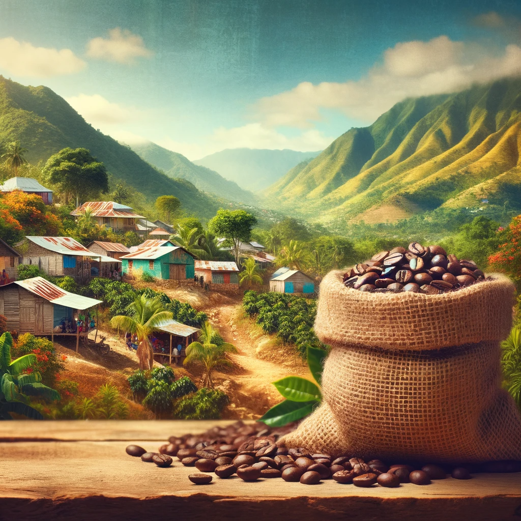 A bag of Haitian Blue Organic coffee beans, highlighting its smooth and creamy flavor profile.