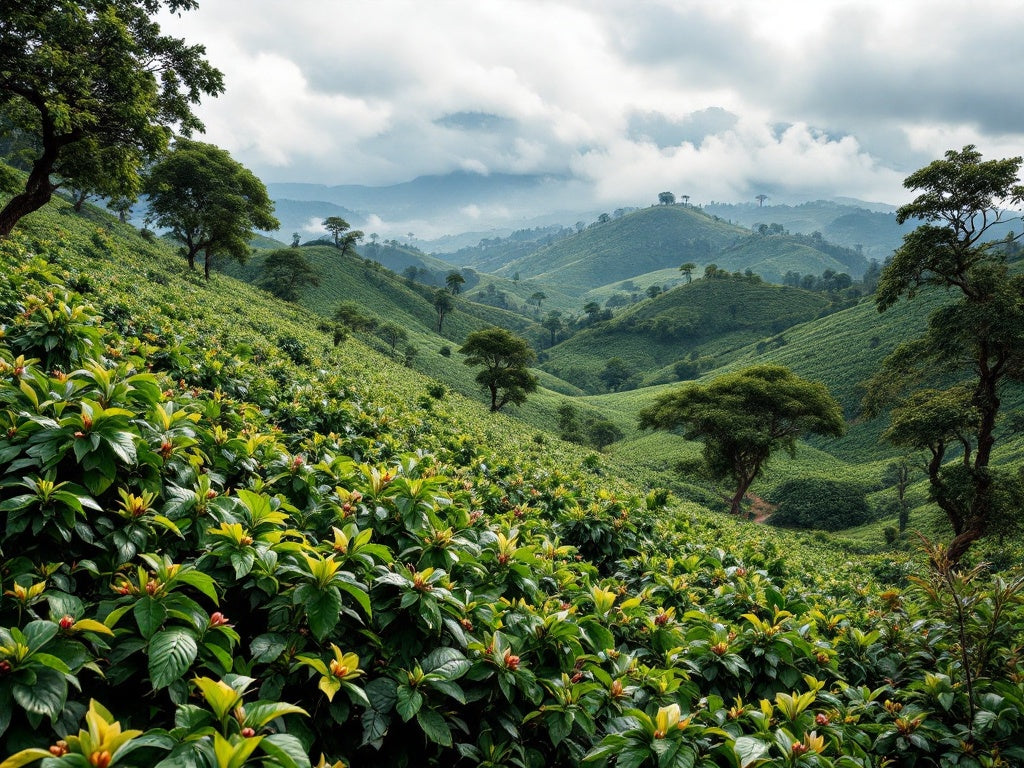 "A bag of Ethiopia Organic Sidamo Shantawene Natural G1 coffee beans, showcasing the vibrant and fruity flavors of blackberry, strawberry, and rose."